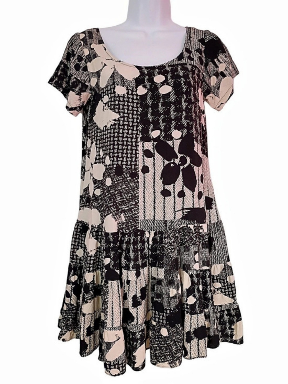 Jams World Abstract Mini Dress in Black & Cream Floral Size XS